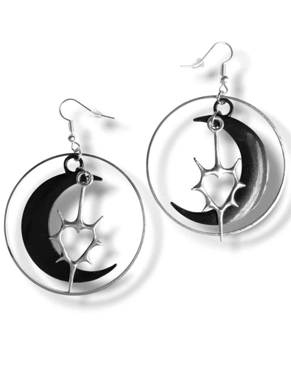 NWT Handmade Black Crescent Moon Silver Spikey Heart and Hoop Earrings